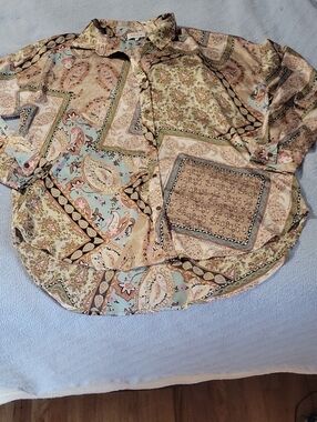 ACOA Paisley Patchwork Button-Up Blouse in Soft Neutrals